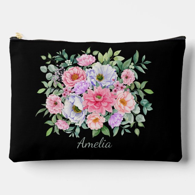 Elegant Florals on Black Accessory Pouch (Front)