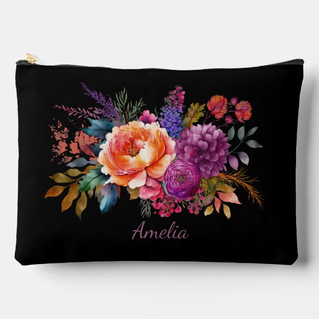 Elegant Florals on Black Accessory Pouch (Front)