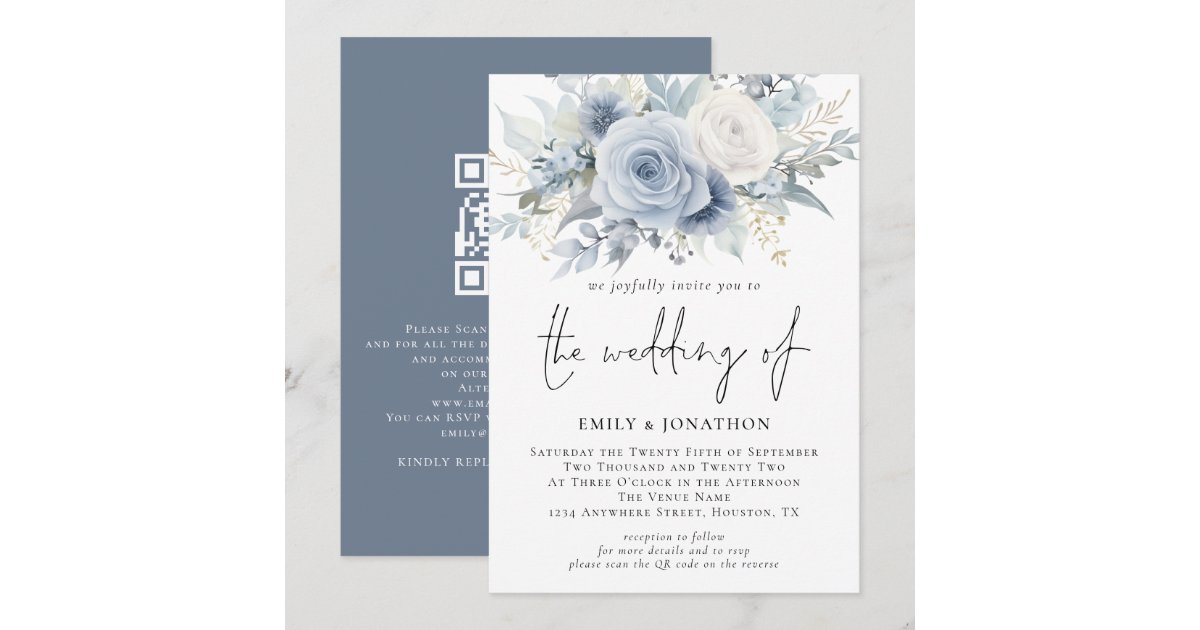 Marry Blue Code Elegant Florals QR Code Dusty Blue Wedding Invitation | Zazzle