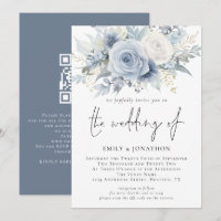 Elegant Florals QR Code Dusty Blue Wedding