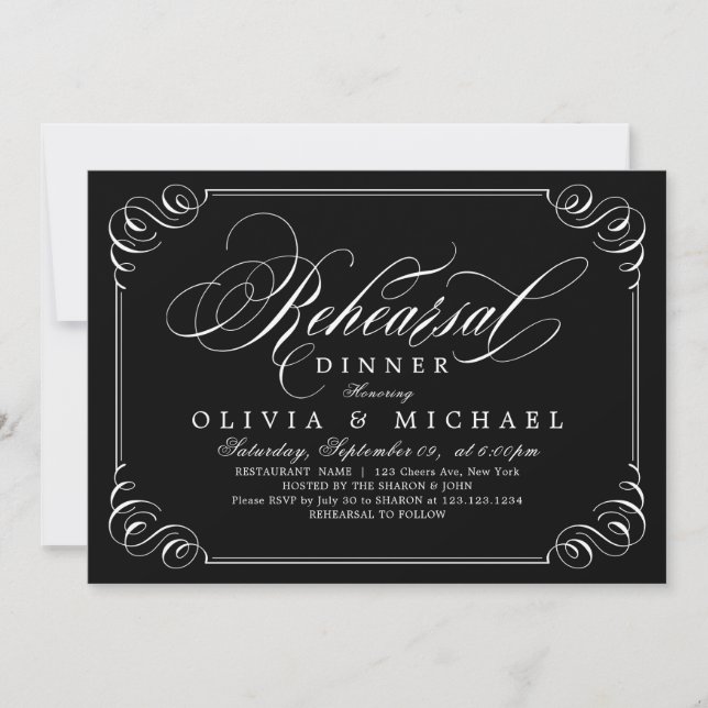 Elegant flourish calligraphy rehearsal dinner invitation (Front)