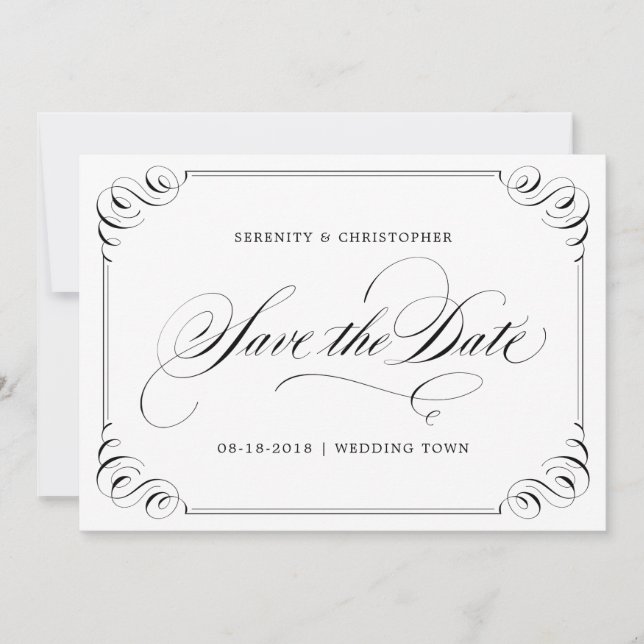 Elegant flourish calligraphy vintage save the date (Front)