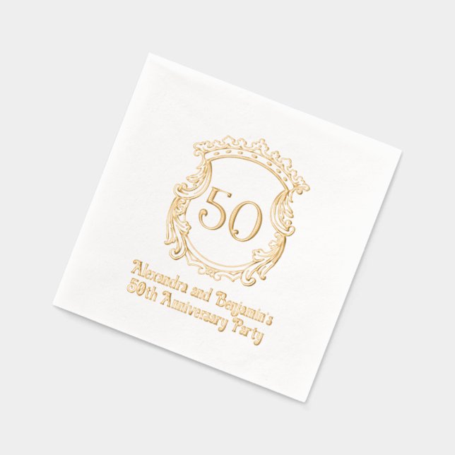 Elegant Flourish Crest Frame #2 Anniversary Party Foil Napkins (Left)