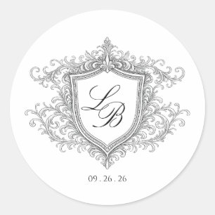 Elegant Flourish Crest Monogram Wedding Invitation Classic Round Sticker