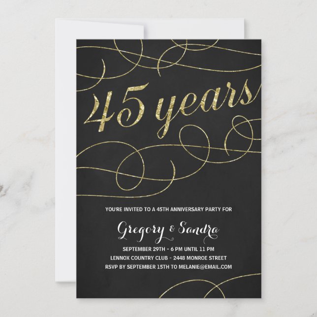 Elegant Flourish | Faux Gold Foil 45th Anniversary Invitation (Front)