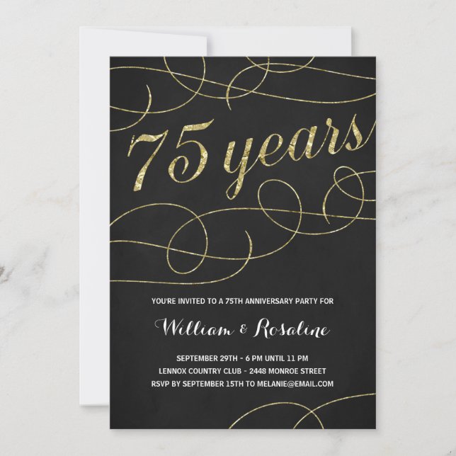 Elegant Flourish | Faux Gold Foil 75th Anniversary Invitation (Front)