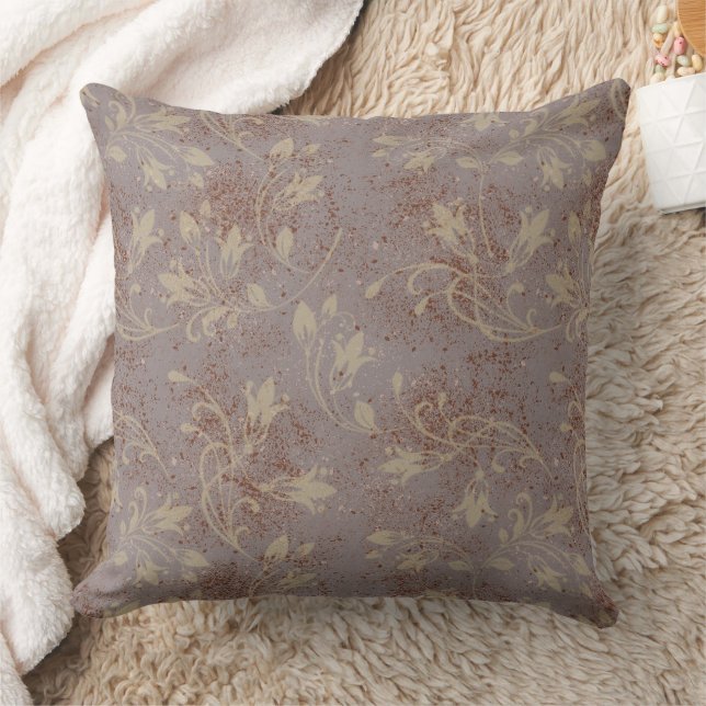 Elegant Flourish Leaves Grey Grunge Throw Pillow (Blanket)