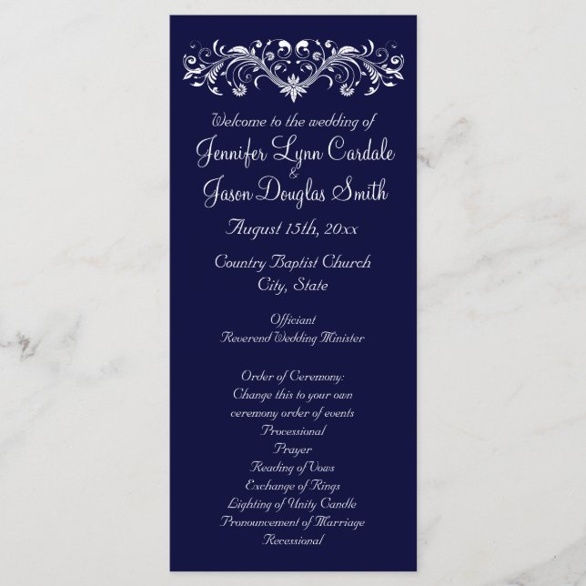 Élégant Flourish Navy Blue Wedding Programmes (Devant)