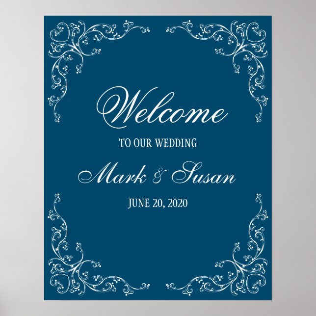 Elegant Flourish Ocean Blue Wedding Welcome Poster (Front)