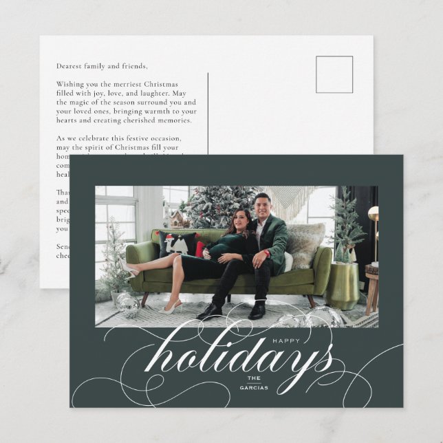 Elegant Flourish Script DkGreen Holiday Photo Card (Front/Back)