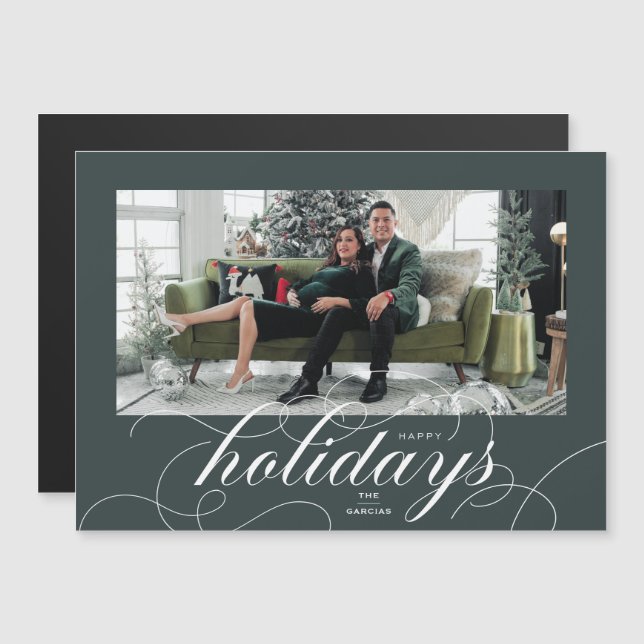 Elegant Flourish Script DkGreen Holiday Photo Card (Front/Back)