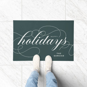 Elegant Flourish Script Happy Holidays Green Doormat