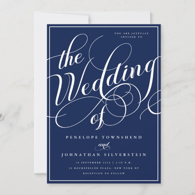 Elegant Flourish Script Navy Blue Wedding Invitation (Front)