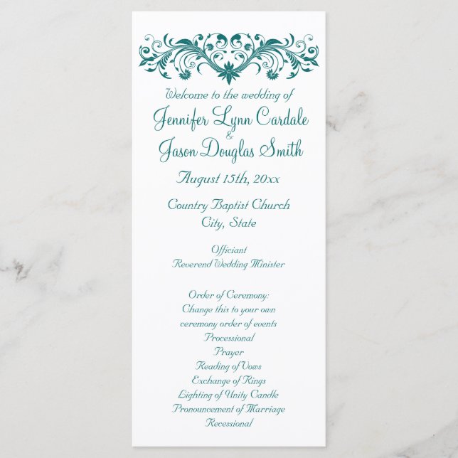 Elegant Flourish White Teal Wedding Programs (Front)