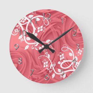 Elegant Flourishes Floral Red Shadow Pattern Round Clock