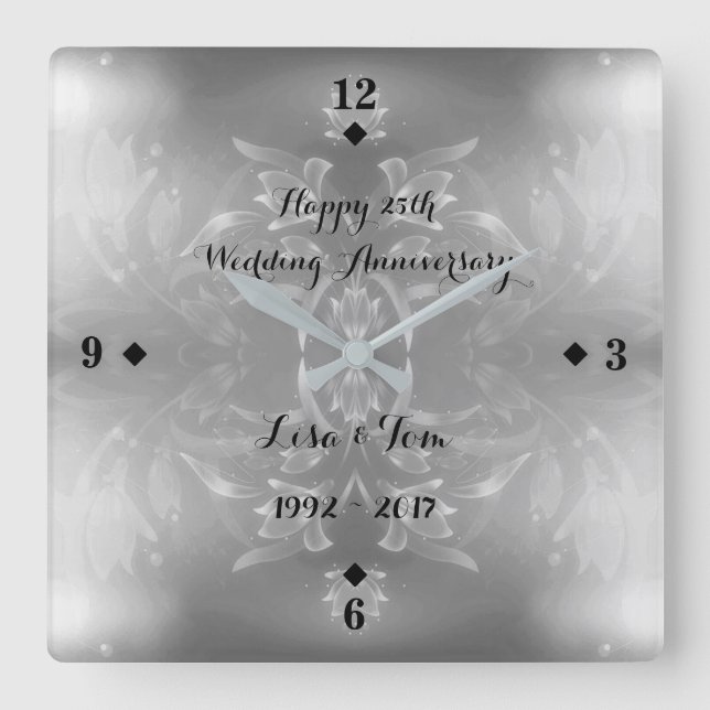 Elegant Flower 25th Silver Wedding Anniversary Square Wall Clock (Front)