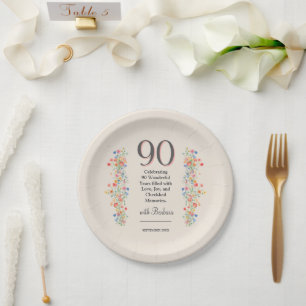 Elegant Flower 90 Years Party Floral 90th Birthday Paper Plate