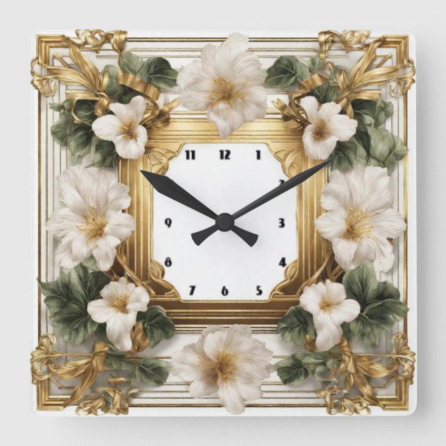 Elegant flower Art Deco Square Wall Clock (Front)