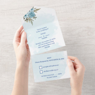 Elegant Flower Blue Personalized Wedding All In One Invitation
