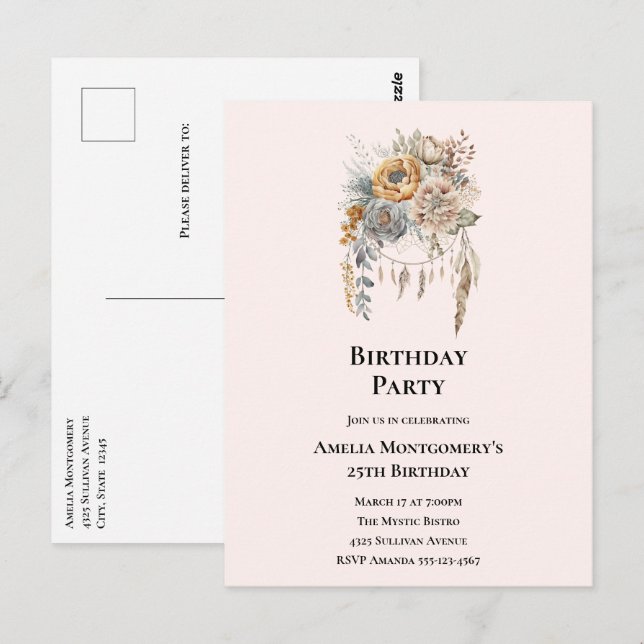 Elegant Flower Bouquet with Dreamcatcher Birthday Postcard (Front/Back)