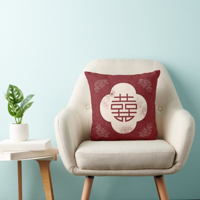 Elegant Flower Double Xi Chinese Wedding Throw Pillow (Chair)
