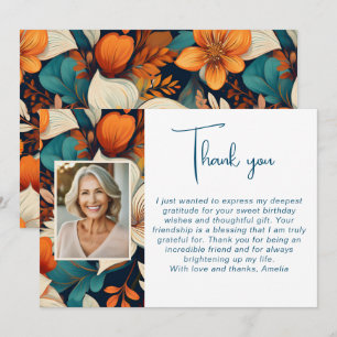 Elegant Flower Foliage Pattern Photo Birthday  Thank You Card