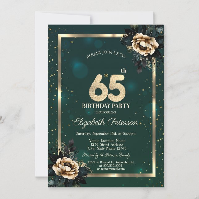 Elegant Flower Gold Frame Stars Green 65th Invitation (Front)