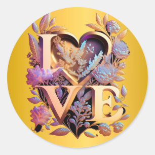 Elegant Flower, Heart and Golden Love Classic Round Sticker