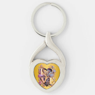 Elegant Flower, Heart and Golden Love Keychain