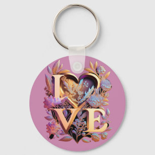 Elegant Flower, Heart and Golden Love Keychain