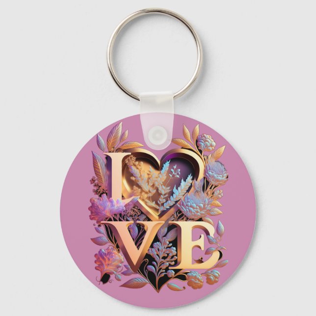 Elegant Flower, Heart and Golden Love Keychain (Front)