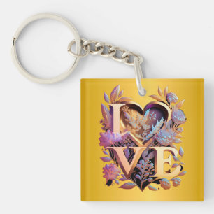 Elegant Flower, Heart and Golden Love Keychain