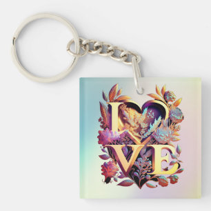 Elegant Flower, Heart and Golden Love Keychain