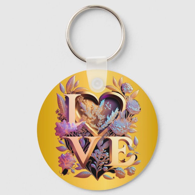 Elegant Flower, Heart and Golden Love Keychain (Front)