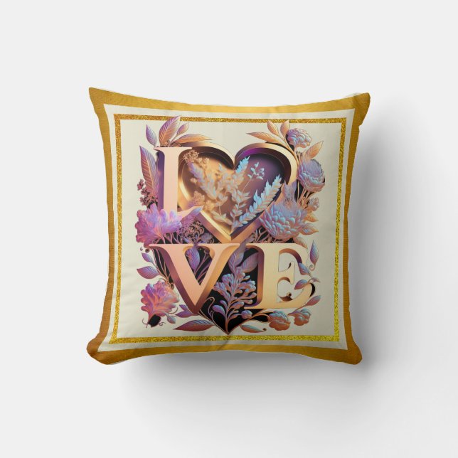 Elegant Flower, Heart and Golden Love Throw Pillow (Front)