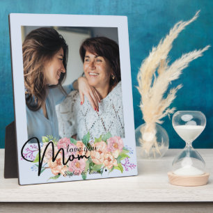 Elegant Flower Script Love You Mom Photo  Plaque