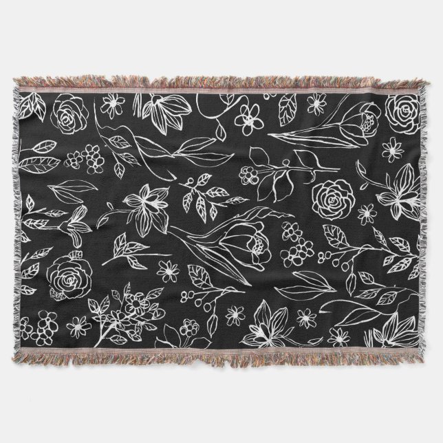 Elegant Flower Sketch Outlines Throw Blanket (Front)