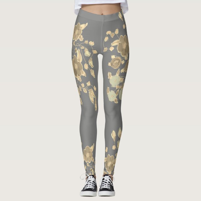 Elegant Flowered Grey Yoga Pants (Front)