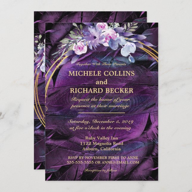 Elegant Flowers and Feathers Invitation (Front/Back)