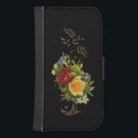 Elegant Flowers and Gold Scrolls Samsung S4 Wallet Case<br><div class="desc">Rich colours of yellow and red roses,  and assorted white and blue flowers with gold leaves and scrolls on a black background.</div>