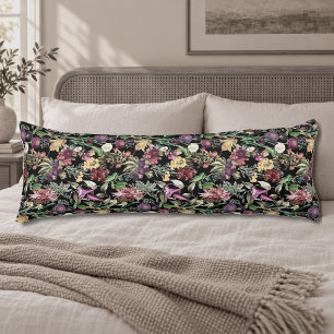 Elegant flowers and leaves black floral pattern body pillow