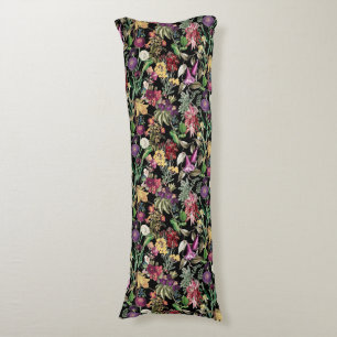 Elegant flowers and leaves black floral pattern body pillow