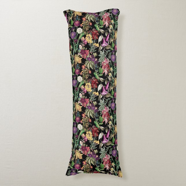 Elegant flowers and leaves black floral pattern body pillow (Front Vertical)