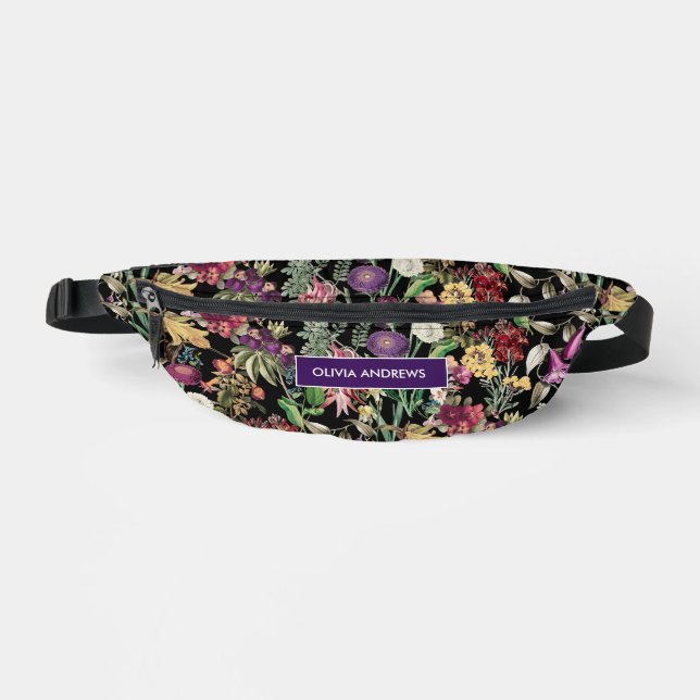 Elegant flowers and leaves black floral Pattern Fanny Pack (Front)