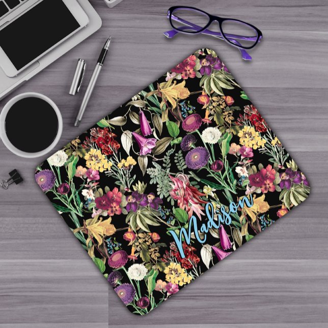Elegant flowers and leaves black floral pattern mouse pad (Creator Uploaded)