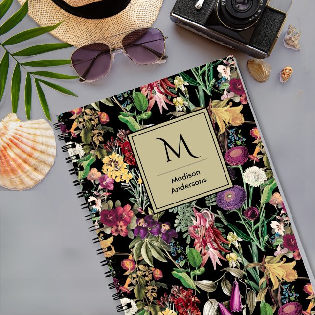 Elegant flowers and leaves black floral pattern notebook (Creator Uploaded)