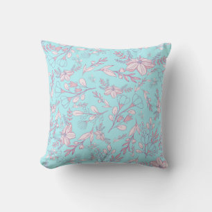 Elegant Flowers and Leaves on Blue Background   Throw Pillow