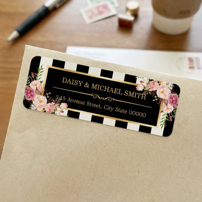 Elegant Flowers Black White Stripes Gold Frame (Creator Uploaded)