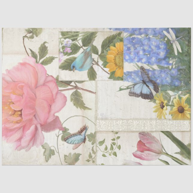 Elegant Flowers Blue Pink Butterfly Bird Decoupage Tissue Paper (Front)
