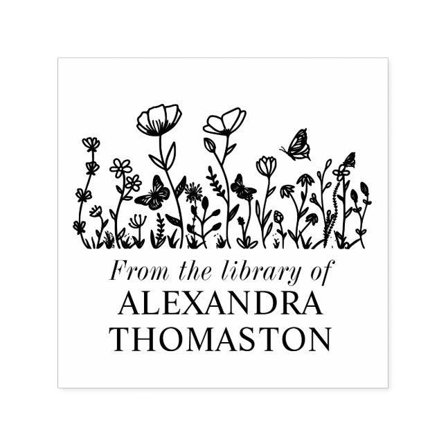 Elegant Flowers, Butterflies Library Book Name Self-inking Stamp (Design)